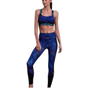 Superdry Blue and Black Activewear Set, Mesh 7/8 legging & Padded Sports‎ Bra M